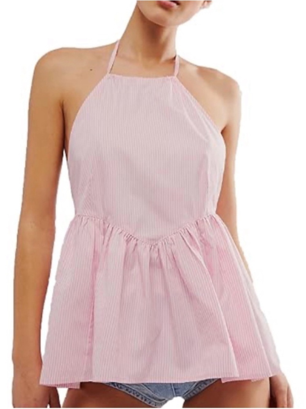 Free People Pink & White Striped Halter Peplum Top